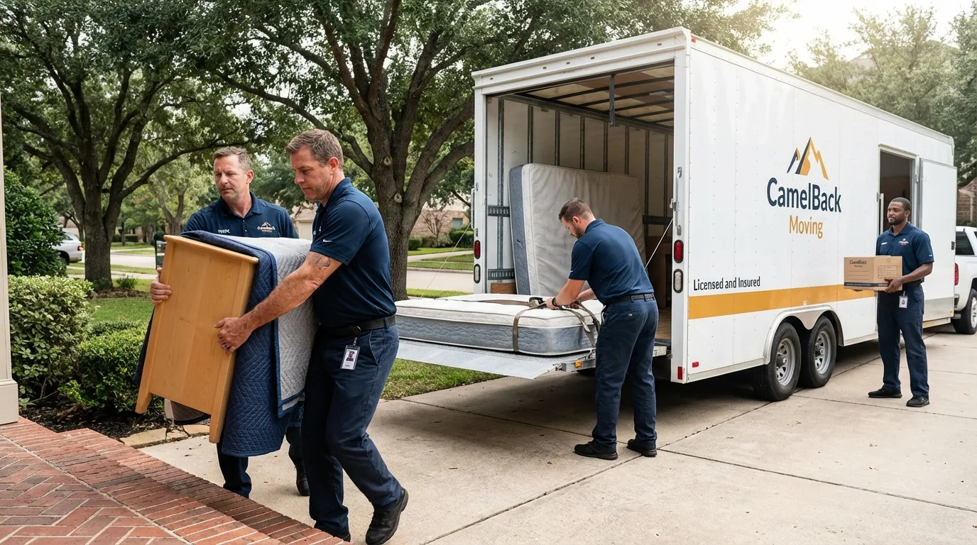 Crew loading residential truck for cross-state move from New London, IA