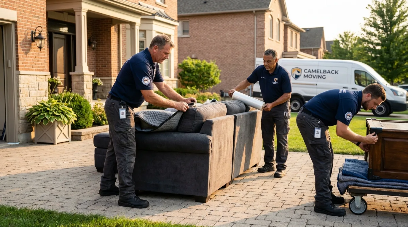 Large estate moving crew wrapping furniture in New London, IA