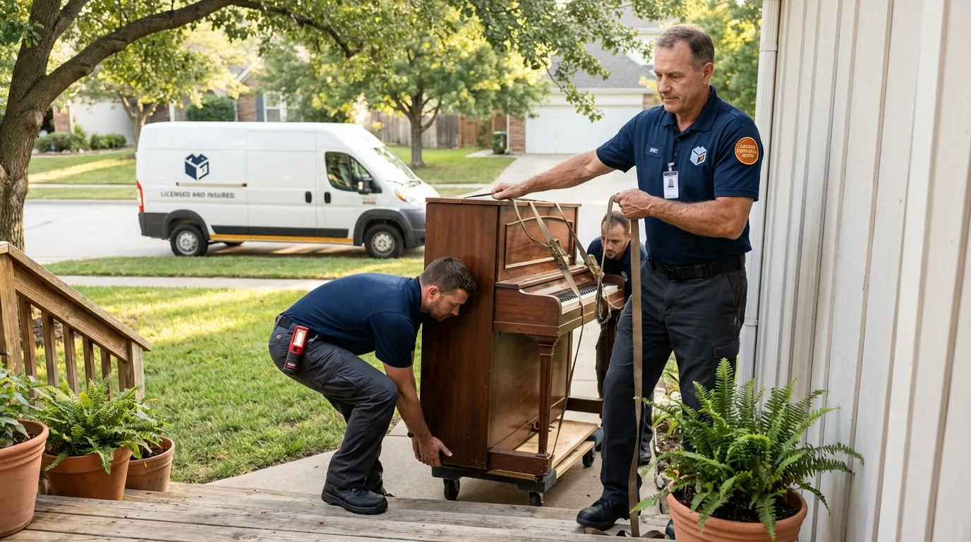 Licensed piano movers securing grand piano in New London, IA
