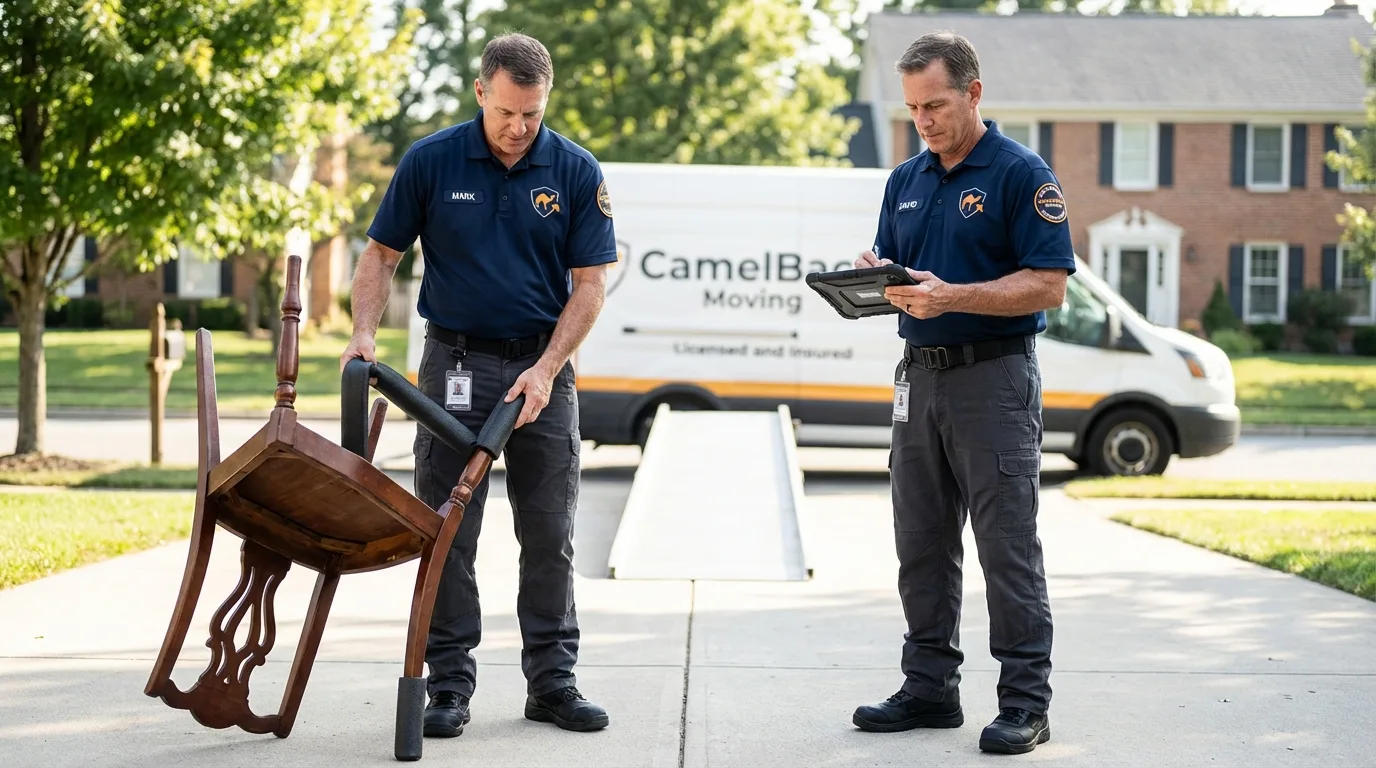 Movers inspecting furniture for damage prevention before loading in New London, IA
