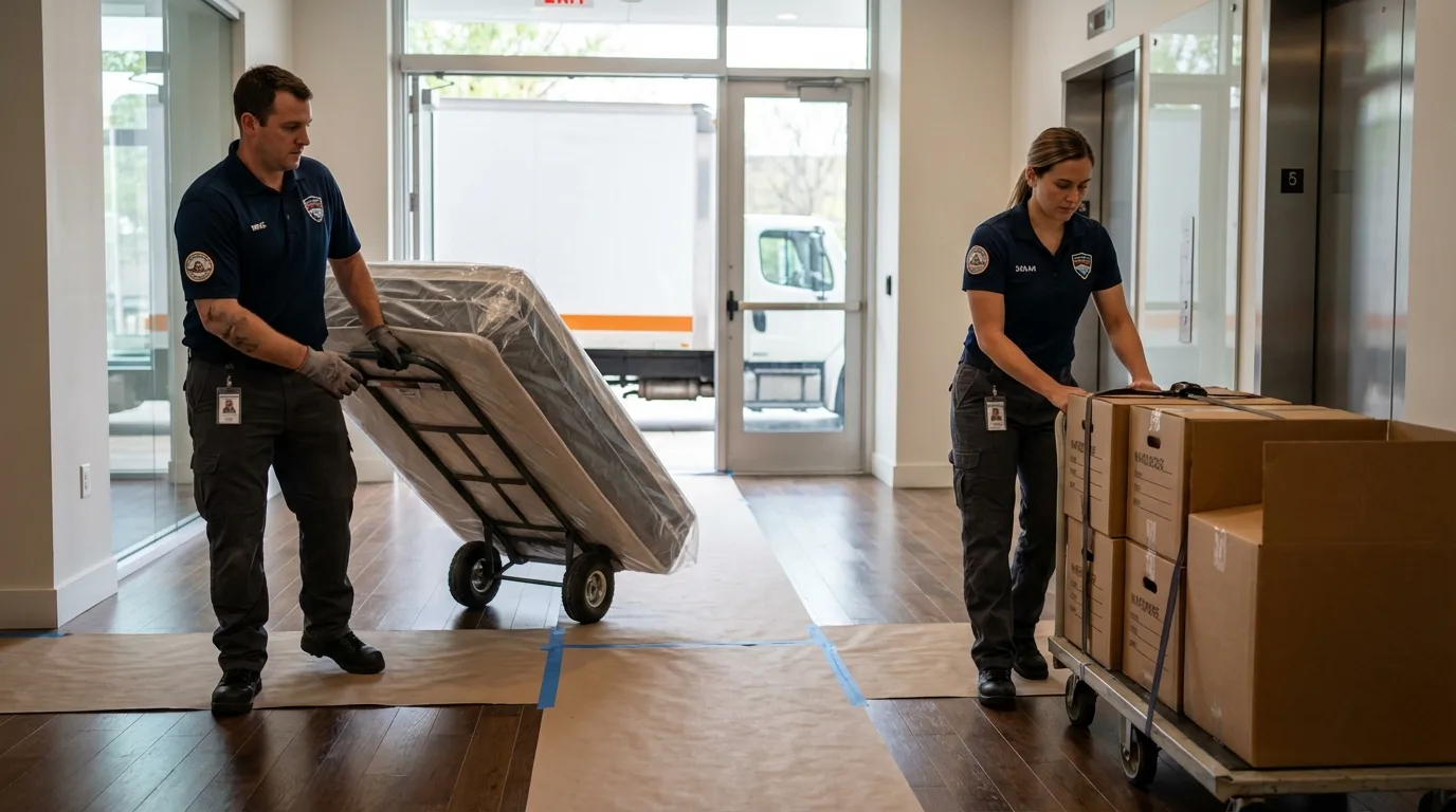 Professional apartment movers loading elevator in New London, IA