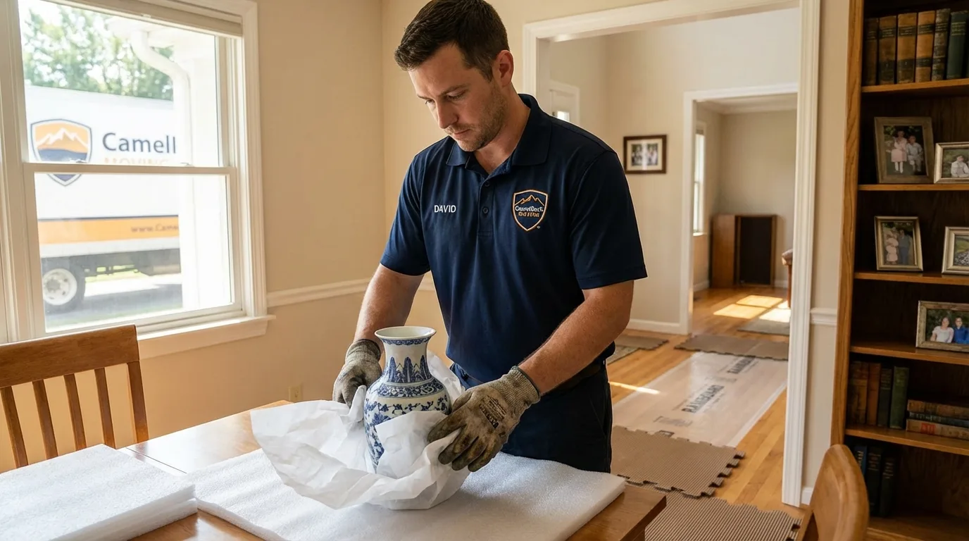 Professional crew carefully wrapping antique vase for senior downsizing move in New London, IA