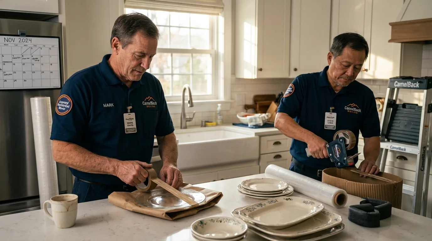 Professional crew packing kitchen dishware in New London, IA